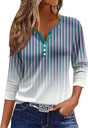 [Valtorixia] 3/4 Length Sleeve Women Henley V Neck Tops Casual Length Button Down Shirt Floral Print Blouses Plus Size Trendy Comfy Tees (color-b-18,Medium)