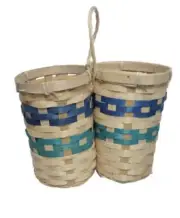 Wicker 2 Round Compartment Caddy Basket Blue & Teal Stripes 8.5" & 6.5 Tall A244