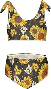 [Joisal] Cute Bees Sunflowers on Checkered Girls Swimsuit 2 Piece Beach Sport Girls Swimsuits Size 10-12
