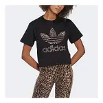 ADIDAS T-SHIRT LOGO [HK5187] 女 短袖 上衣 T恤 經典 豹紋 LOGO 短版 三葉草 黑