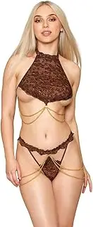 [Dreamgirl] Iridescent Stretch Lace Halter Bralette, G-String Set Espresso - 13082