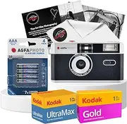 35mm Film Camera Bundle with AgfaPhoto 35mm Reusable Film Camera, Camera Film Kodak Ultramax 400 36exp, Kodak Gold 200 36exp, Battery and Clikoze Lens Cloth with Camera Photography Tips Card (Black)