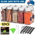12PCS Clear Glass Spice Jars Lid Herb Seasoning Condiment Square Kitchen Storage