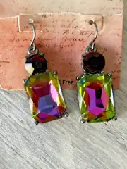 Gilded Age Timeline Pierced Earrings Large Square Pink & Green Stones NEW