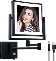 RECKODOR Square Wall Mounted Makeup Mirror with Light and Magnification, Wall Magnifying Mirror for Bathroom, Wall Mount Mirror with Extension Arm Lighted, USB Charging, SEALANT FIX, Matt Black