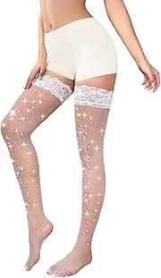 [K BKVAVA] Women's Sparkly Thigh Highs Fishnet Stockings, Rhinestone Thigh High Fishnet Tights, Stay Up Silicone Lace Top Thigh Highs, White, White, One Size