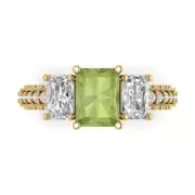 4.2ct Emerald RD 3 stone Natural Peridot Promise Wedding Ring 14k Yellow Gold