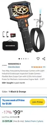NEW Two-Way Articulating Borescope Camera with Light: Industrial Endoscope 5.5FT