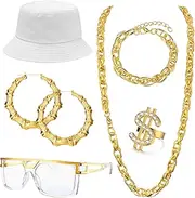 [Roheafer] Hip Hop Costume Kit 80s 90s Jewelry Outfit Halloween Rapper Accessories for Women Men Old School Rapper Jewelry