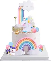 Unicorn Cake Topper, Qoadwem 19PCS Rainbow Unicorn Cake Toppers For Girls Birthday For Unicorn Theme Girls Birthday Cake Decorations With Stars Gold Balls Clouds
