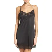 Natori Enchant Lace Trim Satin Chemise in Black at Nordstrom, Size Medium
