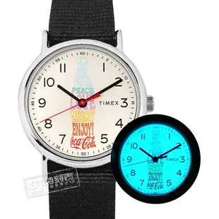 TIMEX 天美時 / 可口可樂聯名 彩色字樣 冷光照明 尼龍手錶 米白x黑 / TXTW2V29800 / 38mm