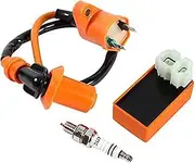 Vuzmode Unit Ignition Coil Spark Plug, High Racing Performance 6 Pin Box and Ignition Coil and Spark Plug Kit, for GY6 50CC 125CC 150CC ATV Scooter Engine, Moped Dirt Bike, Go Kart Engine Ignition Coi