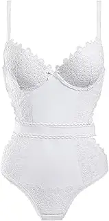 [Generic] Women Floral Lace Bodysuit See Through Lingerie Underwear Set Mesh Babydoll Deep V Mini Bodysuits Underwire