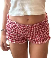 [JINZIYINZI] Womens Frilly Ruffle Micro Lolita Bloomers Shorts Y2k Low Rise Gingham Plaid Coquette Boxer Shorts Streetwear
