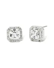 Savvy Cie Rhodium Plated Silver CZ Asscher Cut Halo Studs