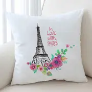 Paris Eiffel Tower Drawing and Flowers Cushion Cover