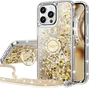 Silverback for iPhone 13 Pro Max Case with Ring Stand, Women Girls Bling Holographic Sparkle Glitter Cute Cover, Diamond Ring Protective Phone Case for iPhone 13 Pro Max 6.7'' - Clear Gold