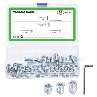 60Pcs Threaded Inserts, 3 Sizes Nut Threaded Inserts for Wood Working