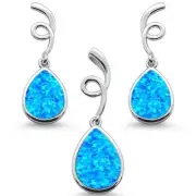 Blue Opal Pear Shape Spiral Dangle Earring & Pendant .925 Sterling Silver Set