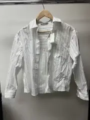 Vince XS White Blue Boxy Cropped Striped Button Up Shirt