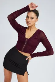 Purple Mesh Top Long Sleeve Ruched Hook And Eye - Size M, Women's Top