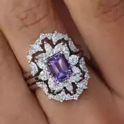 3.00 CT Emerald Cut Lab-Created Amethyst Wedding Ring Set 14k White Gold Plated
