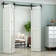 LTIYITL 5FT Bi-Folding Sliding Barn Door Hardware,Smoothly and Quietly-Heavy Duty -Simple and Easy to Install for 4 Doors Hardware Kit-Basic''J''[NO Door],Black