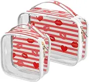 [sanluoli] 2 Pack clear Red White Striped Heart Lip Love makeup bags for women TSA approved portable clear makeup bag Airport Airline Compliant, Red white striped heart lip love