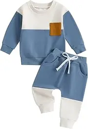[Pivanzore] Baby Boy Clothes Fall Winter Outfits Waffle Knit Contrast Color Sweatshirt Top Casual Pants Set Toddler 2Pcs Outfit