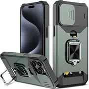 for iPhone 15 Pro Max Case, Areaphmet for iPhone 15 Pro Max Case with [Card Holder] and Camera Cover with Built-in 360° Rotate Ring Stand Magnet Phone Cover-Green