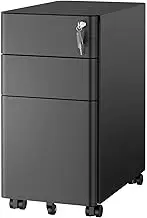 Mount-It! Slim Rolling Under Desk Cabinet, Mobile Filing Cabinet with 3 Drawers and Lock for Home & Office Storage, Black
