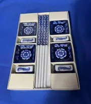 Pier 1 Blue & White Mandarin Chopstick Boxed Set w 4 Rests and 4 Dip Dishes