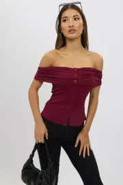 Red Off Shoulder Top Rib - Size 12M, Women's Top