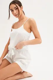 White Pyjamas Set Scoop Neck Cami Top & Shorts Satin - Size L, Women's Satin Set