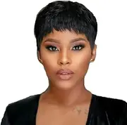 Wigs For Women Black Short Wigs Hair No Glue Wigs With Bangs Layered Hair Cutting Wigs Full Machine Made Wigs (Black, 18CM)