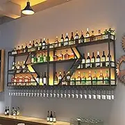 Metal Wine Rack Wall Mounted with Wine Glass Holder with LED Light, Liquor Shelf Wall Mounted, for bar Living Room Dining Room (Black with Warm Led, 3TIERS-95 * 7.9 * 33.9inch)
