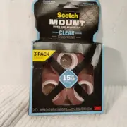Scotch Mount Clear Double Sided Mounting Tape, 1" x 60", Up 15 lbs, 3 Pack (K)