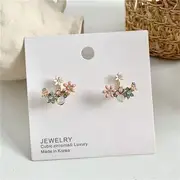 Flower Stud Earring 1 Pair - Pink & Blue & White Flowers - Gold - One Size