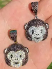 Real Solid 925 Silver Monkey Face Emoji Pendant Necklace Gold Plated Iced CZ