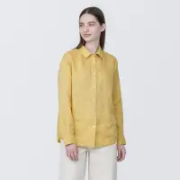 在飛比找博客來優惠-【MUJI 無印良品】女亞麻水洗標準領長袖襯衫 S 淺黃