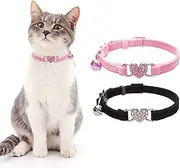 BINGPET Cat Collar Breakaway with Bell, Heart Bling Collar Safety with Soft Velvet Adjustable for Kittens, 2 Pack