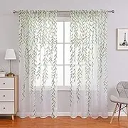 Willow Voile Curtains Sheers Leaf Curtain Window Rod Pocket Curtains Nursery Sheers Curtain for Kids Living Room Bedroom Window Door Balcony (Green,52 inch Width 44 inch Length)