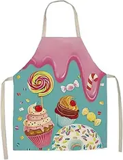 OUUKHGY Kids Apron With Cute Cartoon Dessert Cake Lollipop Pattern, Linen Children's Apron for Cooking Art Gardening Baking