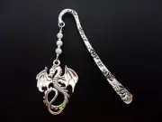 A TIBETAN SILVER DRAGON & WHITE JADE BEAD CHARM BOOKMARK. NEW.