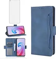 [Asuwish] Compatible with OPPO A96 5G Wallet Case and Tempered Glass Screen Protector Card Holder Stand Leather Flip Cell Accessories Phone Cover for oppoa96 A 96 5G Women Men Blue