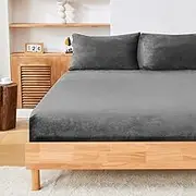 Teddy Fleece Fitted Sheet Set Queen Size – Super Soft Flannel, Extra Warm & Cozy for Winter, 40cm Deep Pocket, Includes 1 Fitted Sheet & 2 Pillowcases – Charcoal(3-Piece Set)
