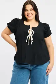 Black Tie Front Top Short Sleeve