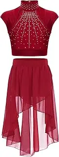 [Jugaoge] Kids Girls Lyrical Dance Costumes Shiny Rhinestones Crop Top with Skirts Stage Performance Outfits