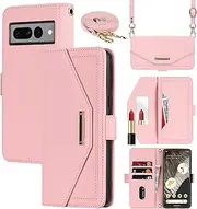 Cavor Crossbody Wallet Case for Google Pixel 7 Pro Case (6.7") Flip Cover Magnetic Leather Women Handbag Card Slots Holder Zipper Kickstand Purse with Detachable Shoulder Necklace Lanyard Strap-Rose